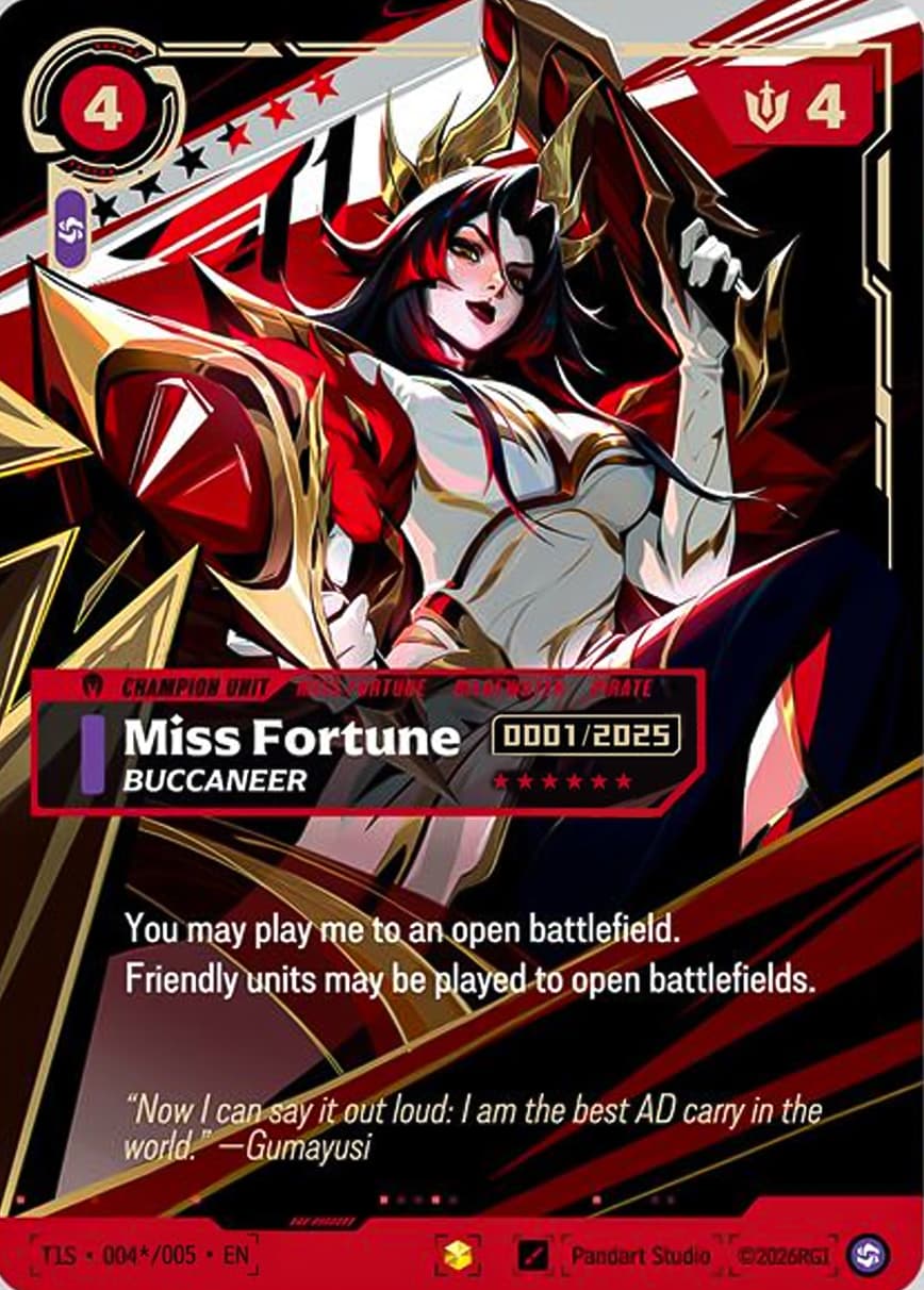 Miss Fortune, Buccaneer (T1 Worlds Champion Signature Edition Bundle) (Serial Numbered) (Gumayusi) #T1S 004 · English